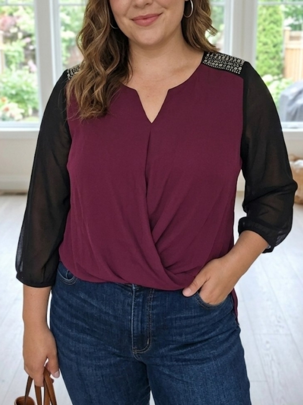 AGB Plum Draped Front Blouse with Black Sheer Sleeves